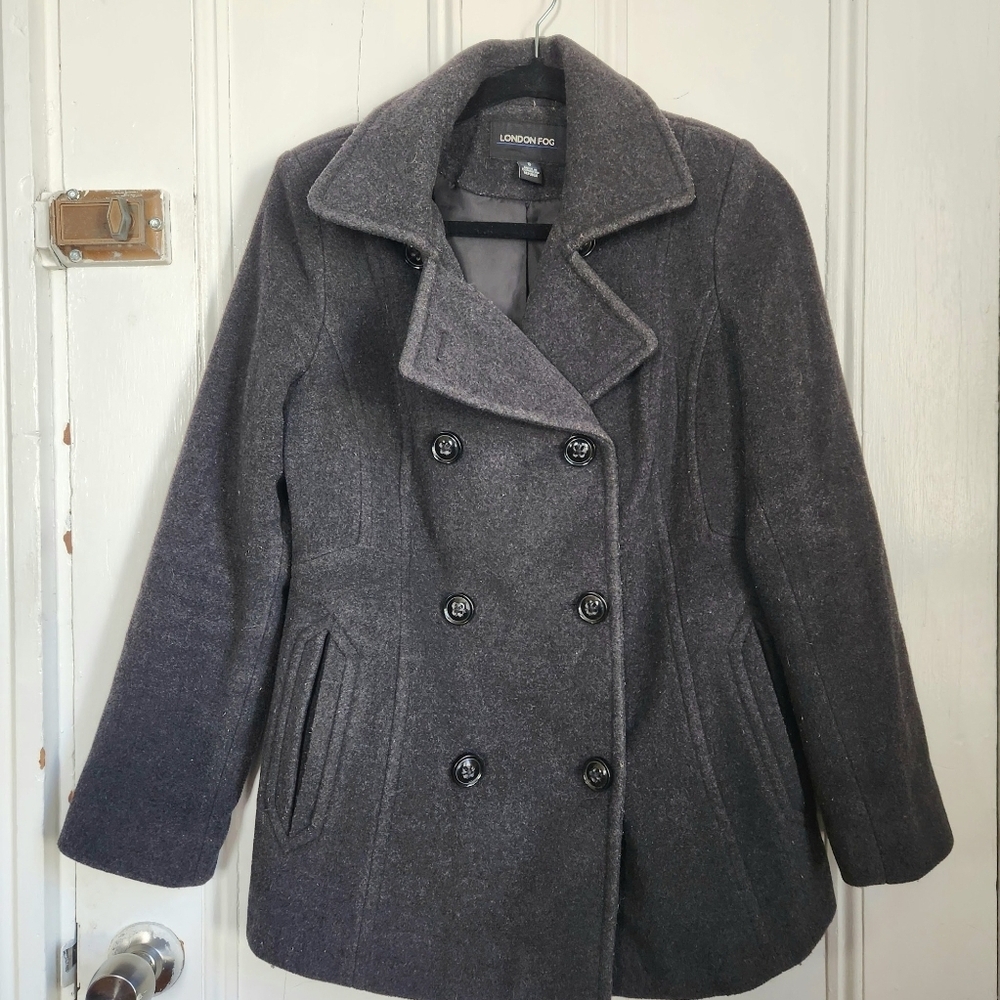 London Fog Women's Charcoal Gray Wool Blend Pea Coat Lined with Pockets Small